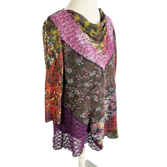 Ali Miles Multi Print & Fabric Tunic Top Art to Wear Layered Sweater Boho Size L - Picture 6 of 10
